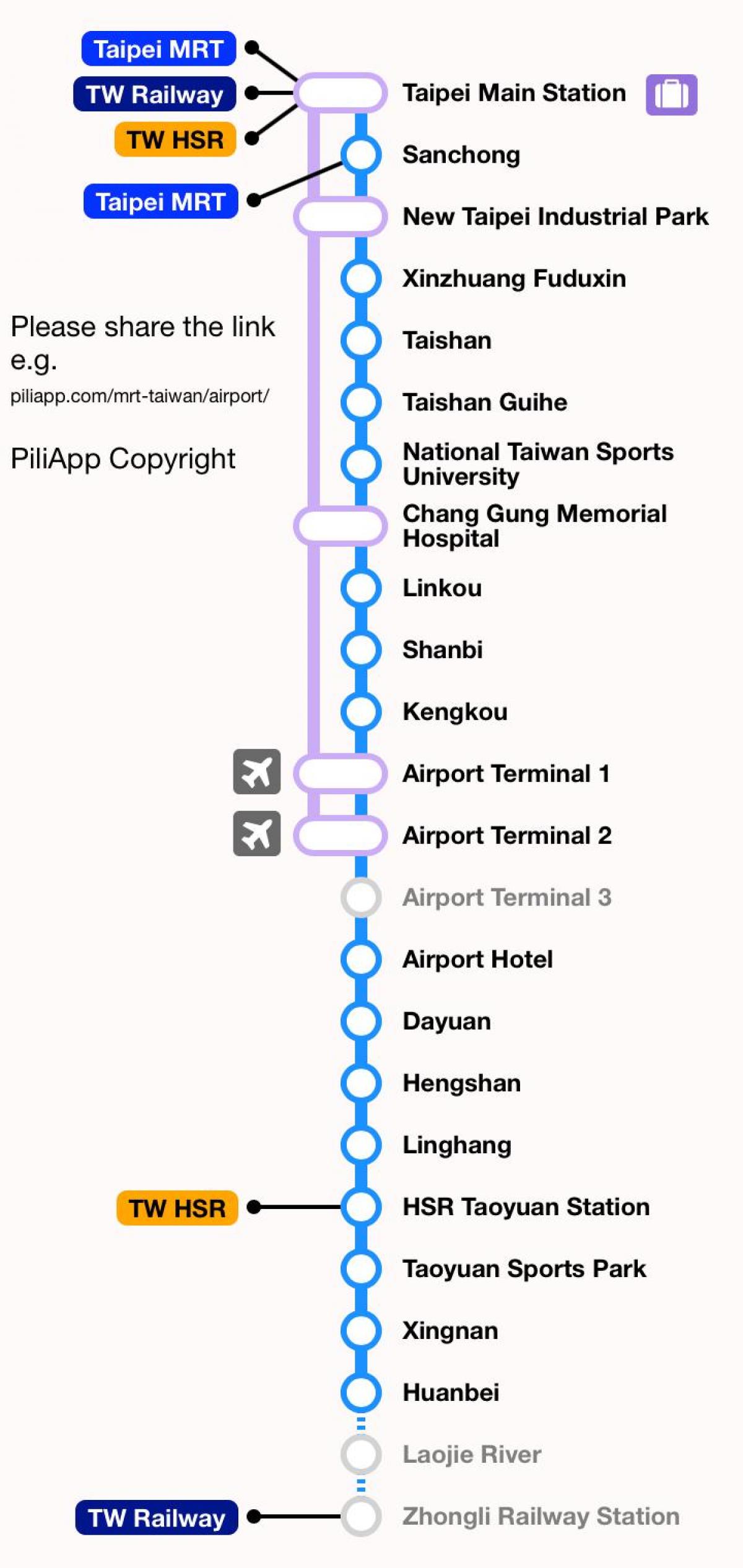 Пътуването до летище Тайпе Taoyuan MRT на картата 